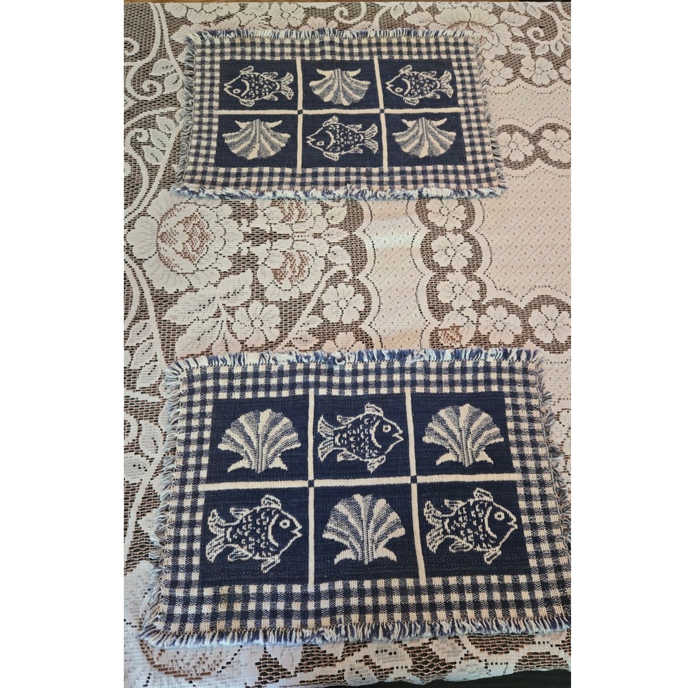 Vintage Coastal Navy Blue Woven Fish and Shell Placemats Set of 2 Fringed 12x17
